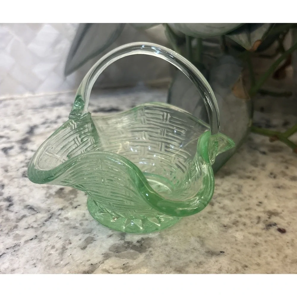Vintage Green Glass Mini Basket Candy Dish No Chips
